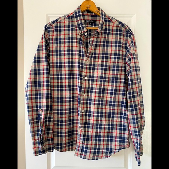 J Crew Mercantile Flex Grey, Blue & Red Plaid Shirt w Button Down Collar - Picture 3 of 8